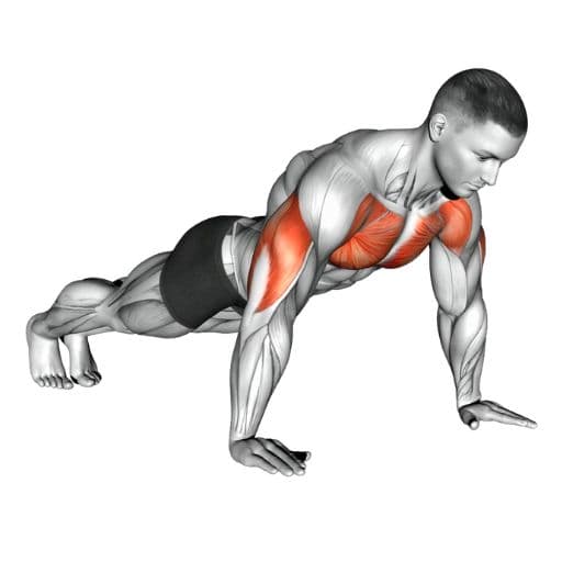 Push-up illustration showing a person in the high plank position performing a strict push-up with engaged chest, shoulders, and core