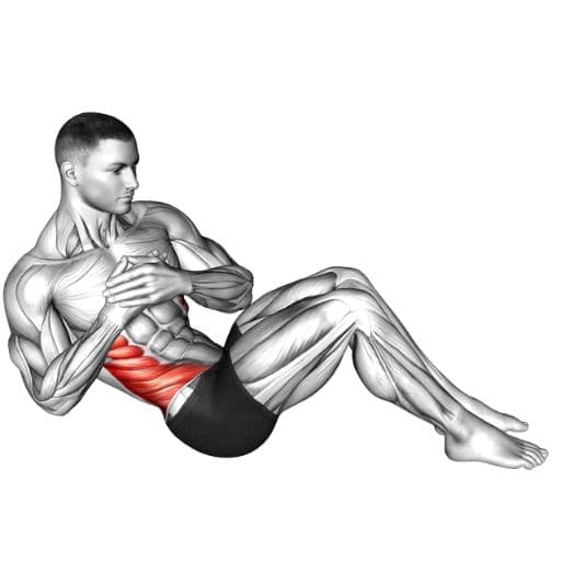Seated Russian twist illustration with oblique muscles highlighted